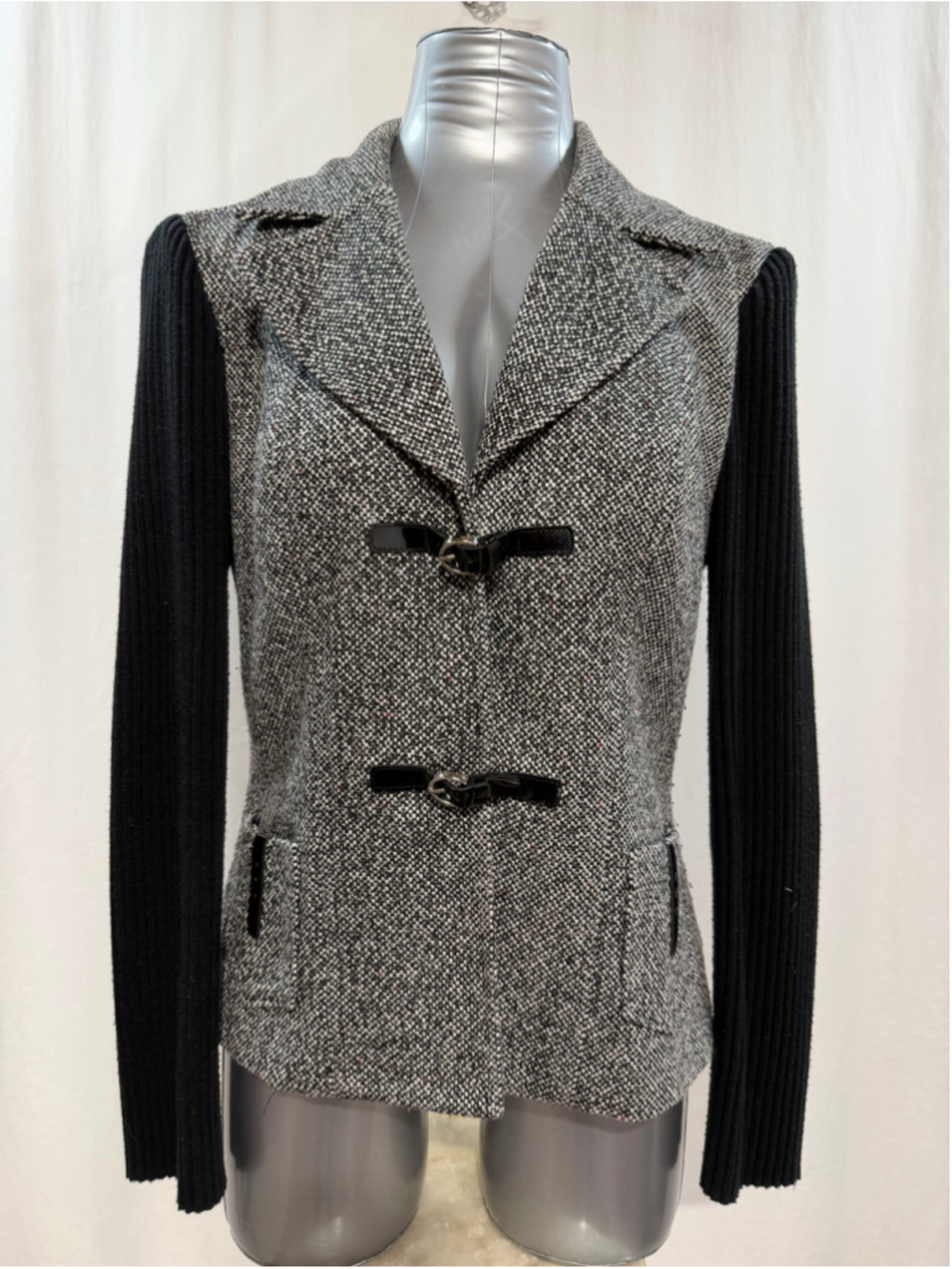 Women's Joseph Ribkoff Blazer Size 12 Grey Black Knit Sleeve Suit Jacket